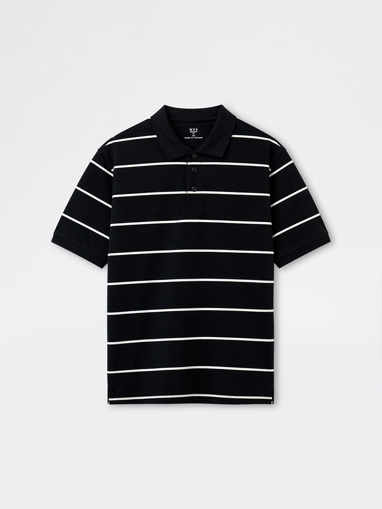 WES Casuals Navy Striped Relaxed-Fit Cotton Polo T-Shirt