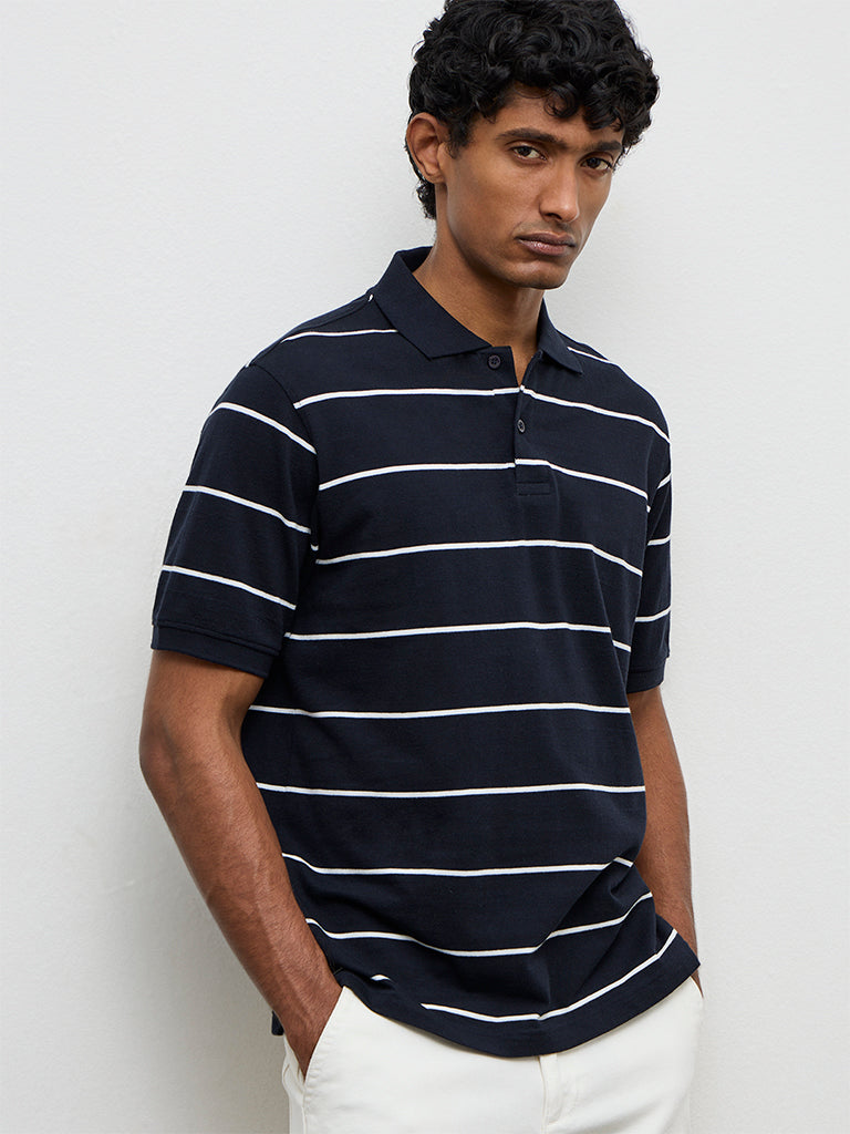 WES Casuals Navy Striped Relaxed-Fit Cotton Polo T-Shirt