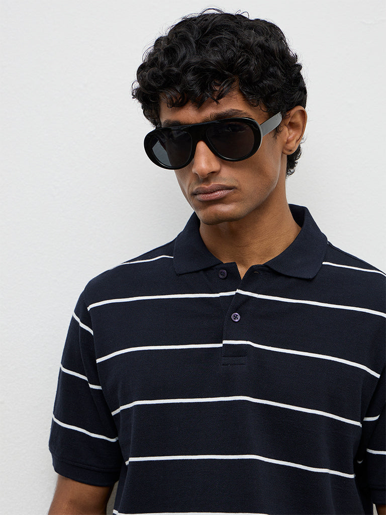 WES Casuals Navy Striped Relaxed-Fit Cotton Polo T-Shirt