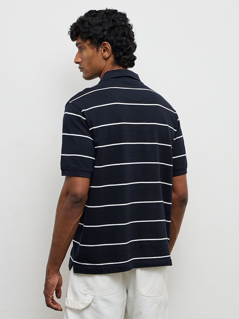 WES Casuals Navy Striped Relaxed-Fit Cotton Polo T-Shirt