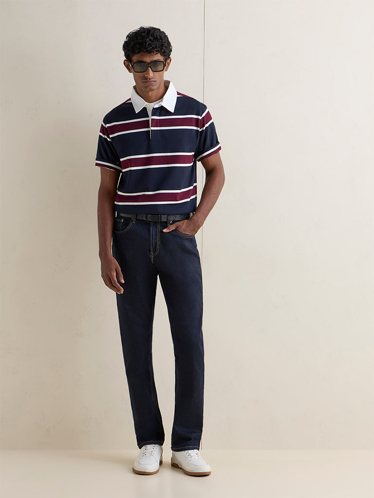 WES Casuals Navy Striped Relaxed-Fit Cotton Polo T-Shirt