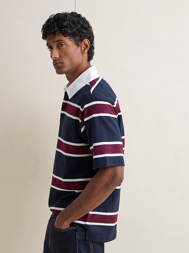 WES Casuals Navy Striped Relaxed-Fit Cotton Polo T-Shirt