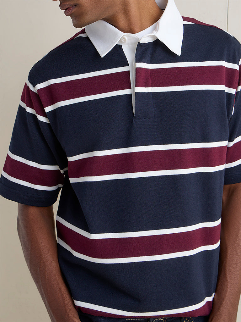 WES Casuals Navy Striped Relaxed-Fit Cotton Polo T-Shirt