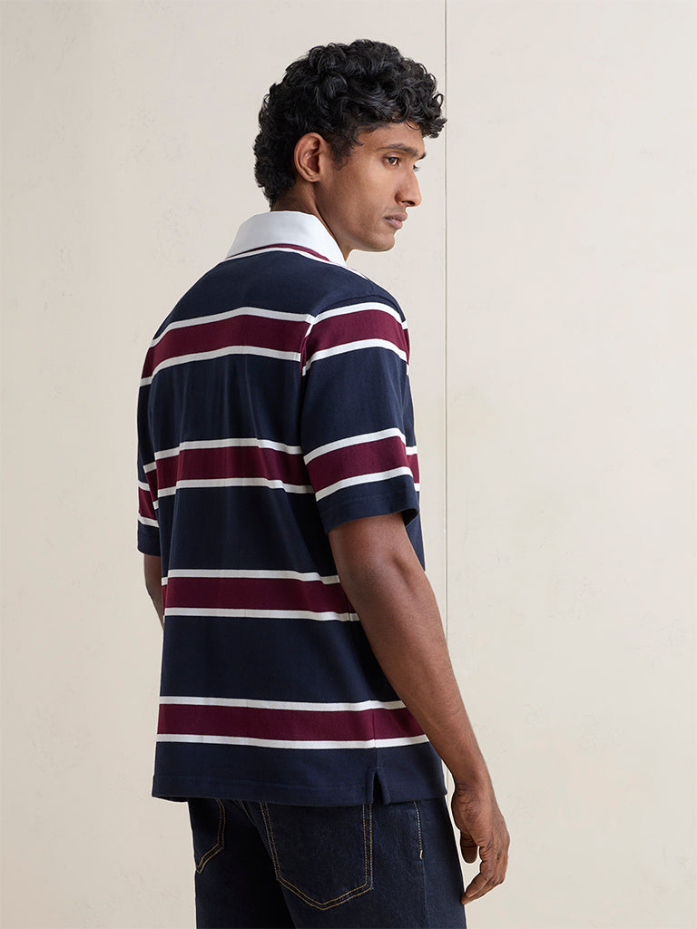 WES Casuals Navy Striped Relaxed-Fit Cotton Polo T-Shirt
