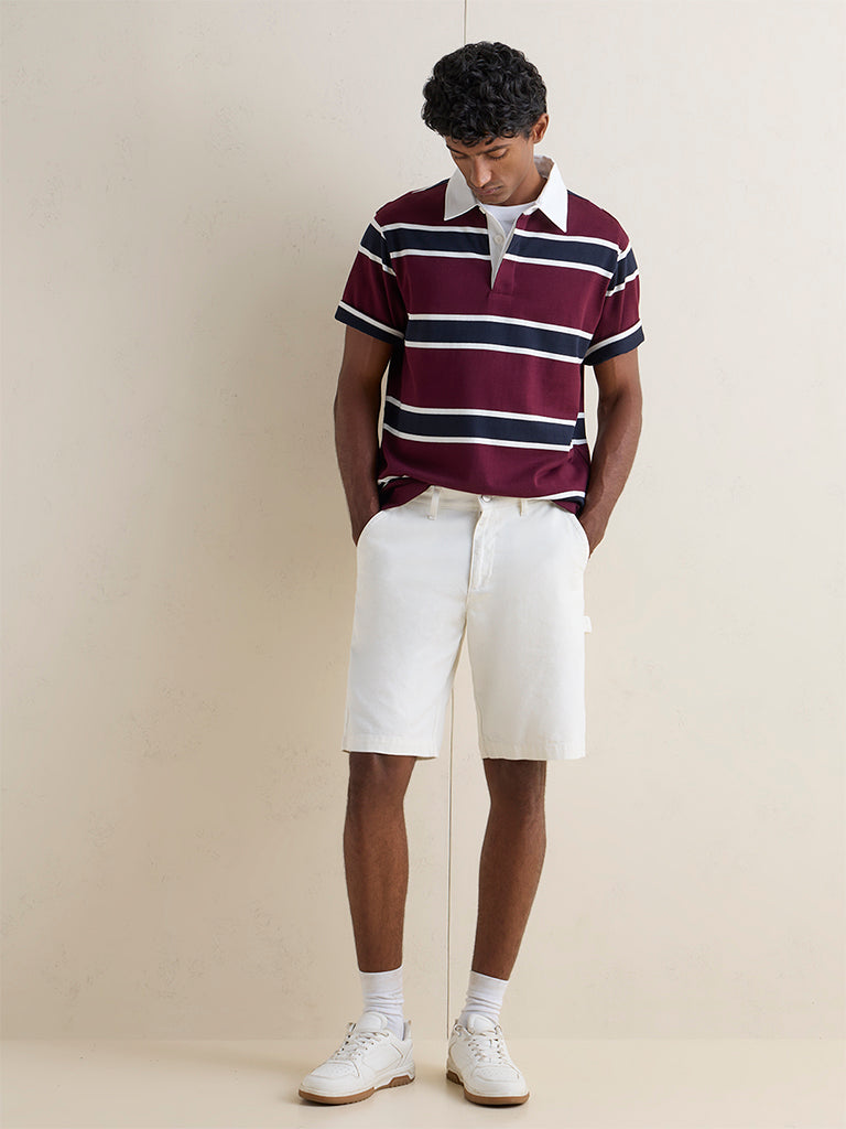 WES Casuals Wine Striped Relaxed-Fit Cotton Polo T-Shirt