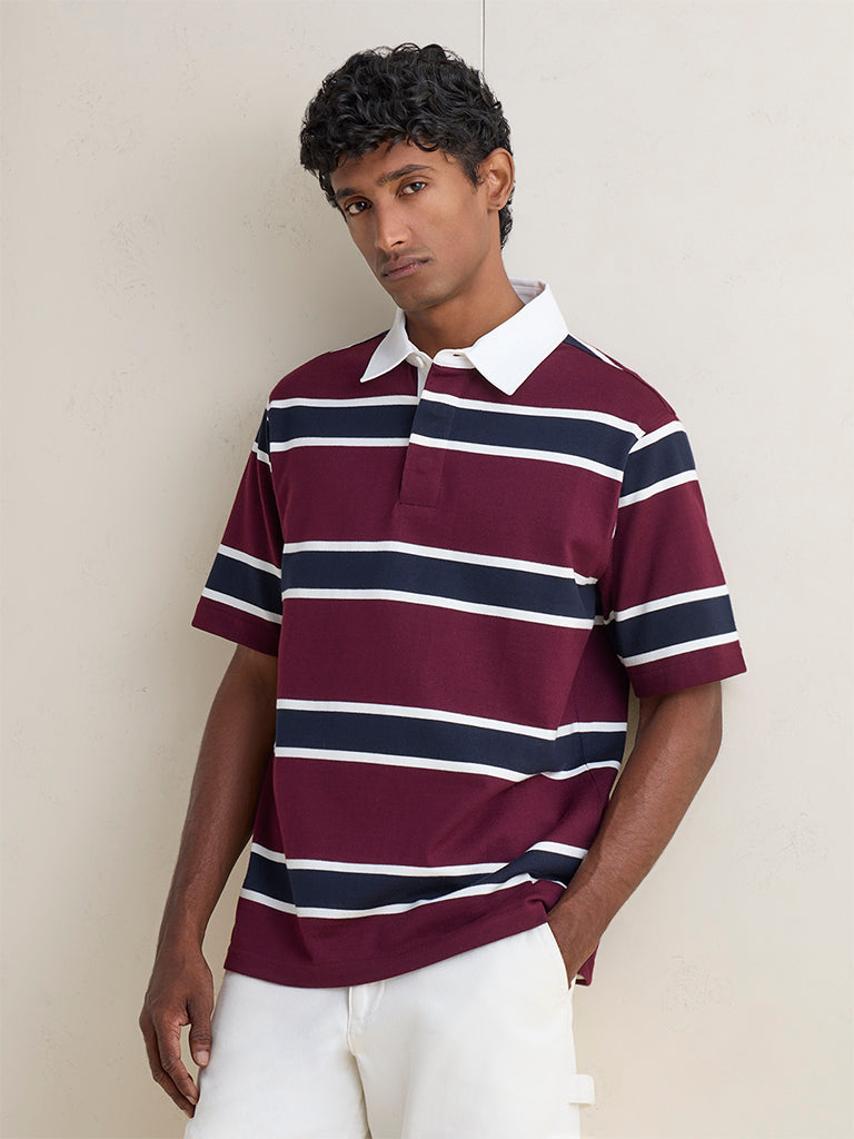 WES Casuals Wine Striped Relaxed-Fit Cotton Polo T-Shirt