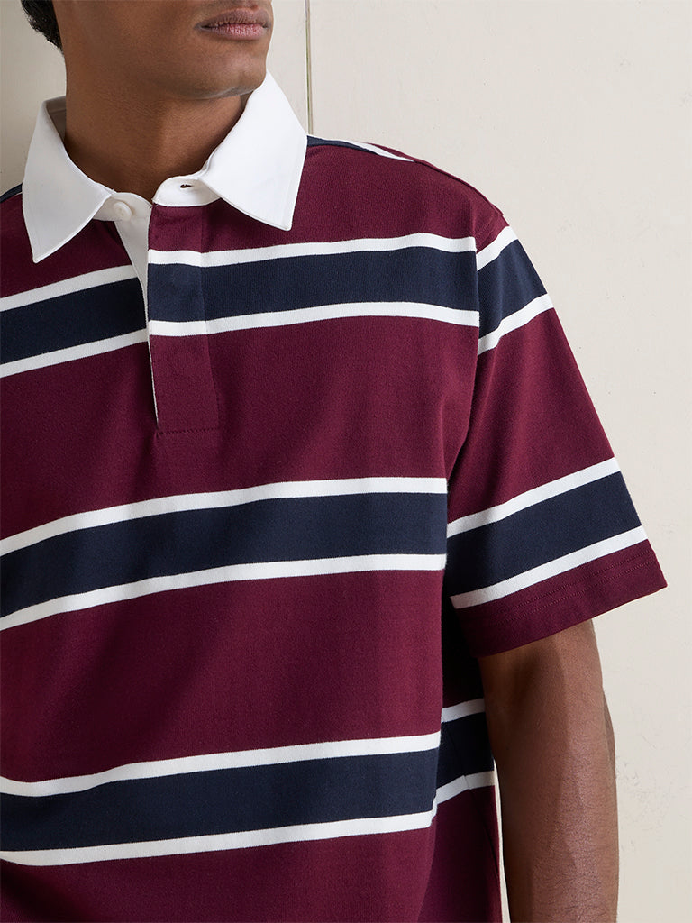 WES Casuals Wine Striped Relaxed-Fit Cotton Polo T-Shirt