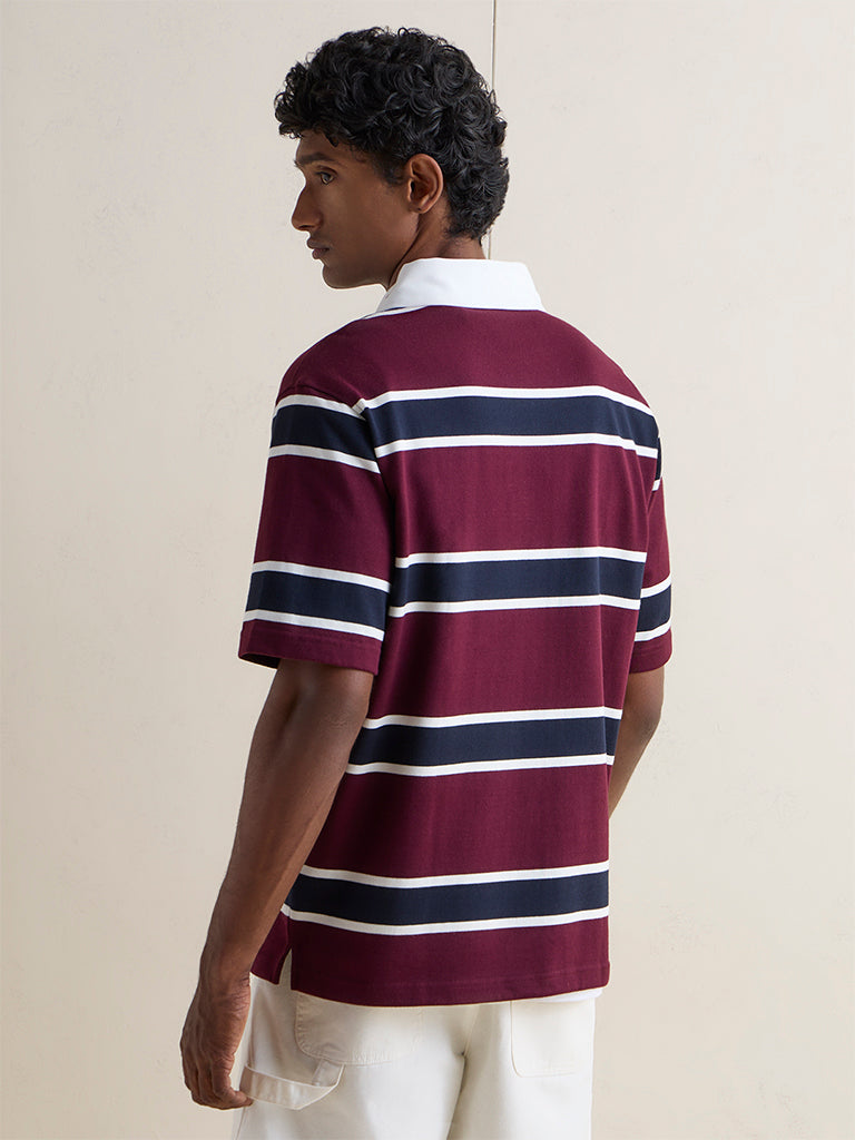 WES Casuals Wine Striped Relaxed-Fit Cotton Polo T-Shirt