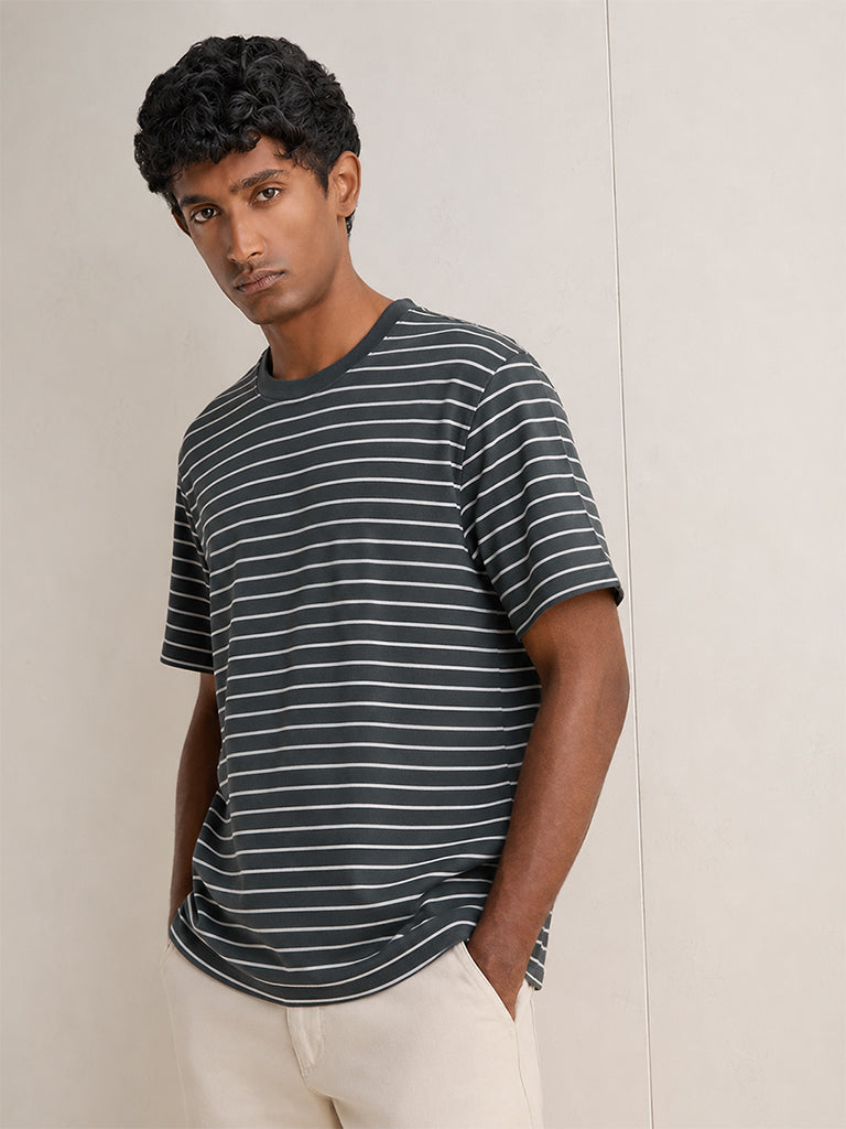 WES Casuals Navy Stripe Printed Relaxed Fit T-Shirt