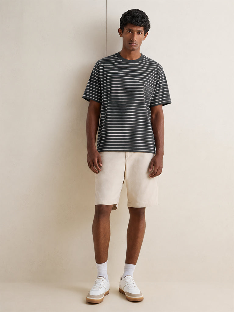 WES Casuals Navy Stripe Printed Relaxed Fit T-Shirt