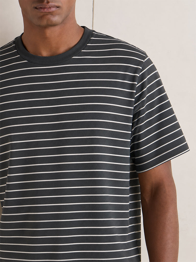 WES Casuals Navy Stripe Printed Relaxed Fit T-Shirt