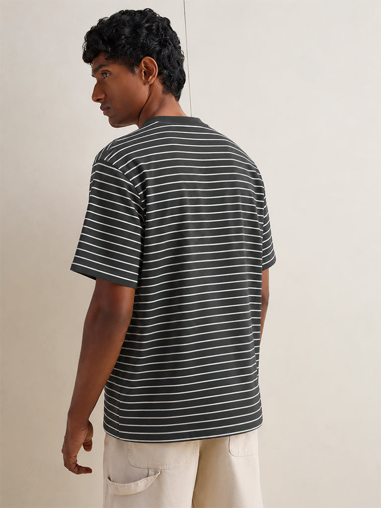 WES Casuals Navy Stripe Printed Relaxed Fit T-Shirt