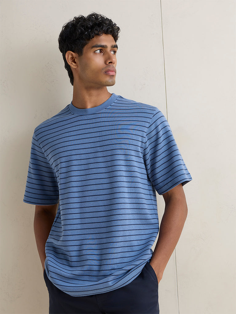 WES Casuals Blue Striped Relaxed Fit T-Shirt