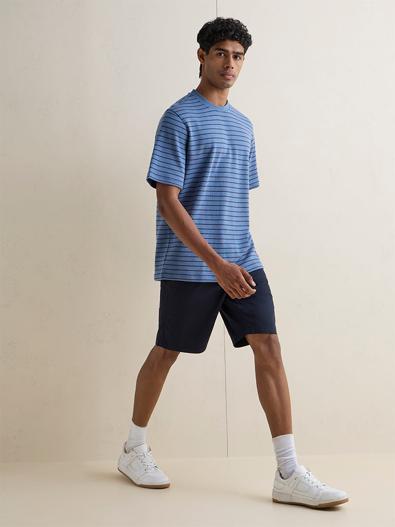 WES Casuals Blue Striped Relaxed Fit T-Shirt