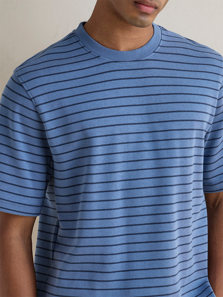 WES Casuals Blue Striped Relaxed Fit T-Shirt