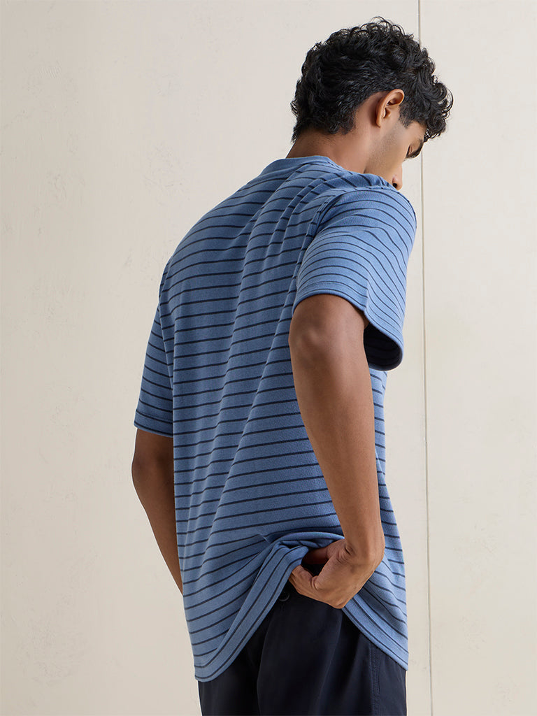 WES Casuals Blue Striped Relaxed Fit T-Shirt
