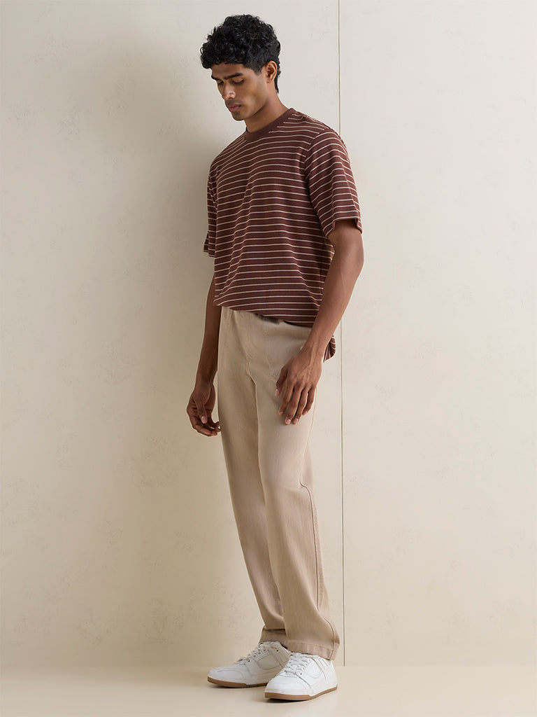WES Casuals Brown Striped Relaxed-Fit T-Shirt