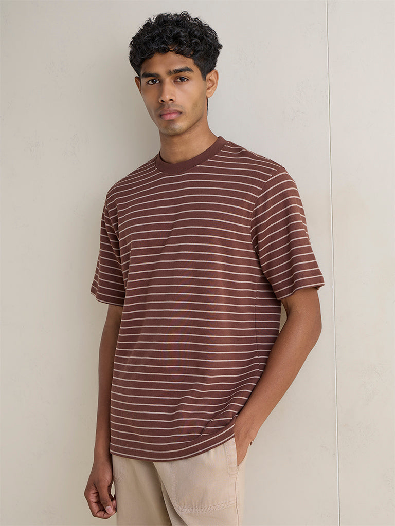 WES Casuals Brown Striped Relaxed-Fit T-Shirt