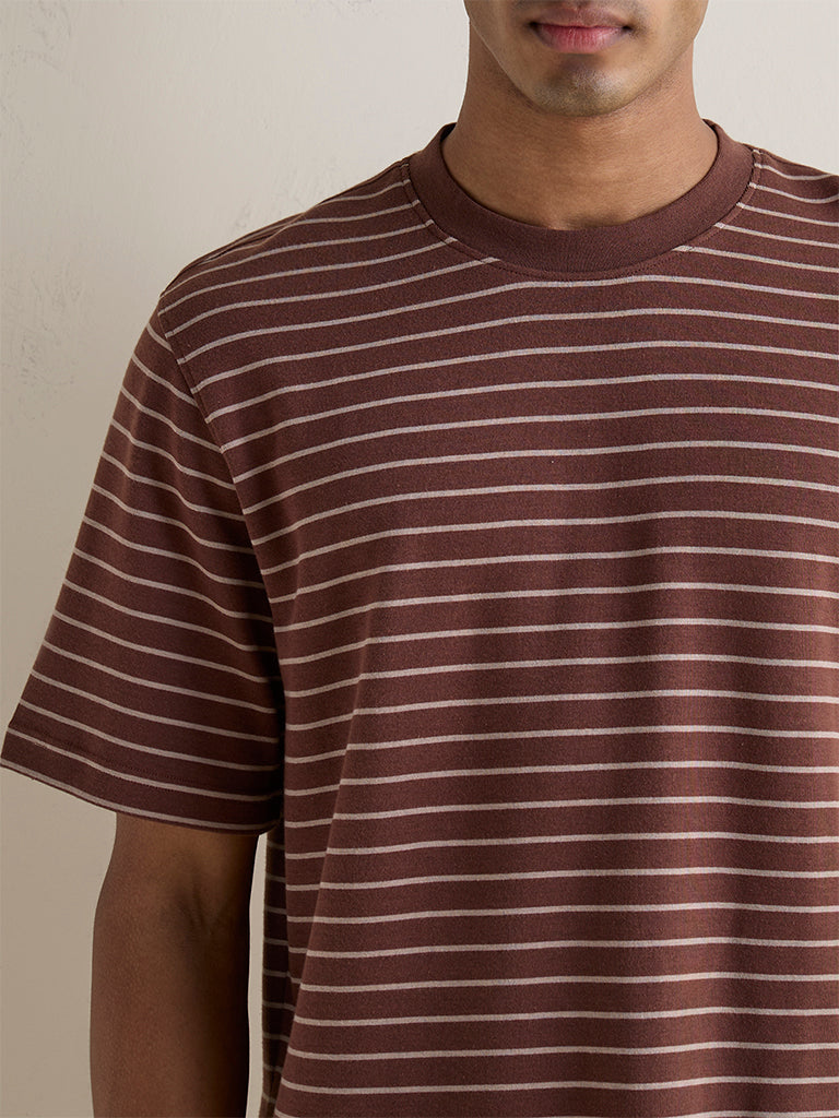 WES Casuals Brown Striped Relaxed-Fit T-Shirt