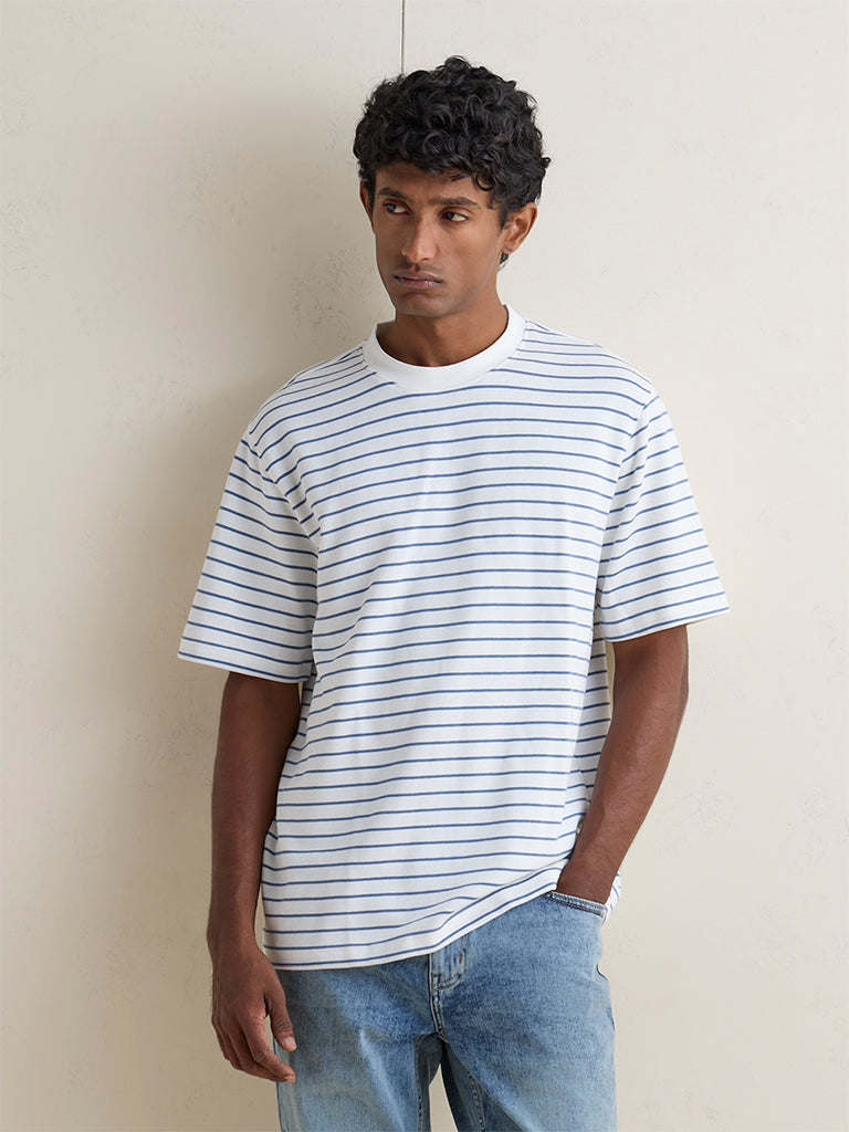 WES Casuals Off-White Striped Relaxed-Fit Cotton-Blend T-Shirt