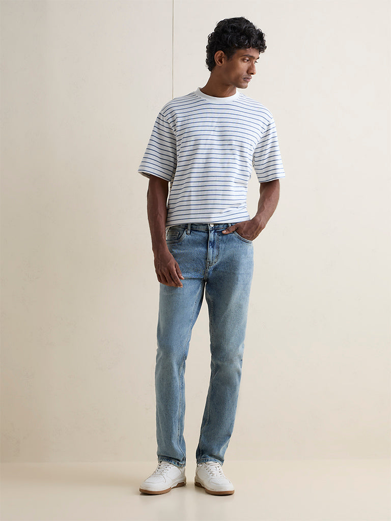 WES Casuals Off-White Striped Relaxed-Fit Cotton-Blend T-Shirt