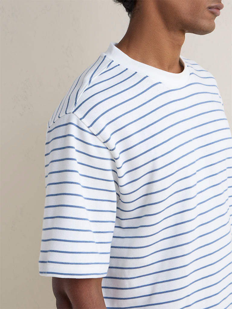 WES Casuals Off-White Striped Relaxed-Fit Cotton-Blend T-Shirt