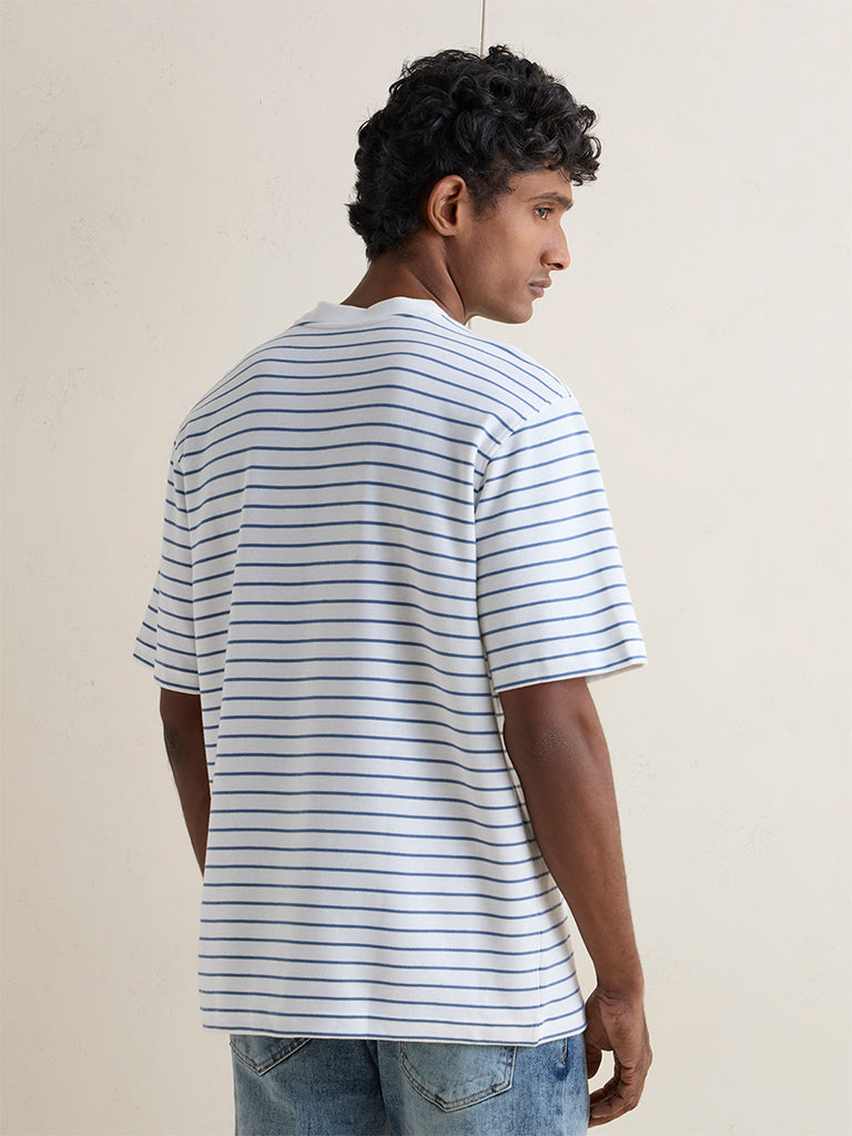 WES Casuals Off-White Striped Relaxed-Fit Cotton-Blend T-Shirt