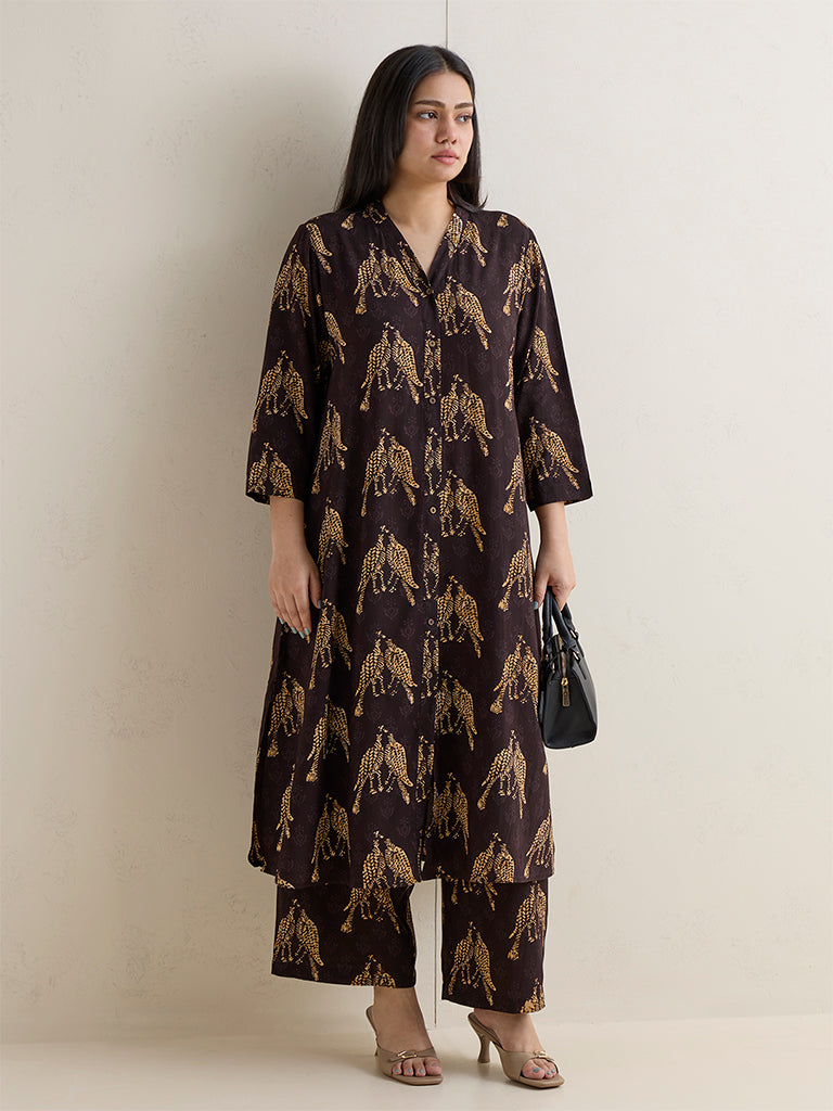 Diza Dark Brown Bird Printed A-Line Kurta