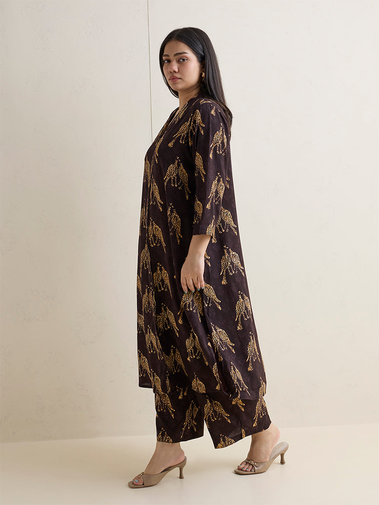 Diza Dark Brown Bird Printed A-Line Kurta