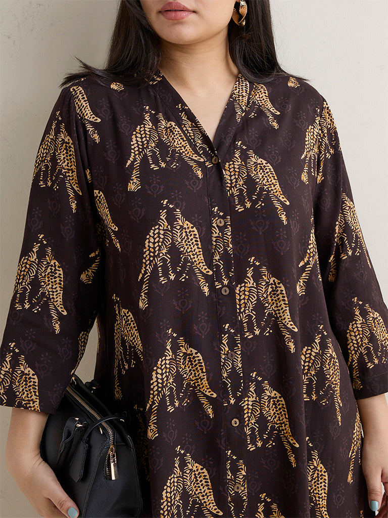 Diza Dark Brown Bird Printed A-Line Kurta