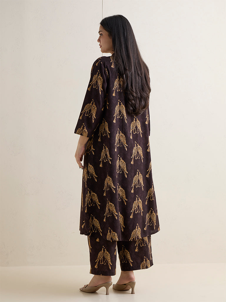 Diza Dark Brown Bird Printed A-Line Kurta