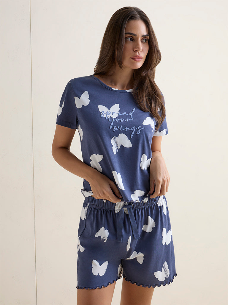 Wunderlove Dusty Blue Printed Cotton T-Shirt and Shorts Set