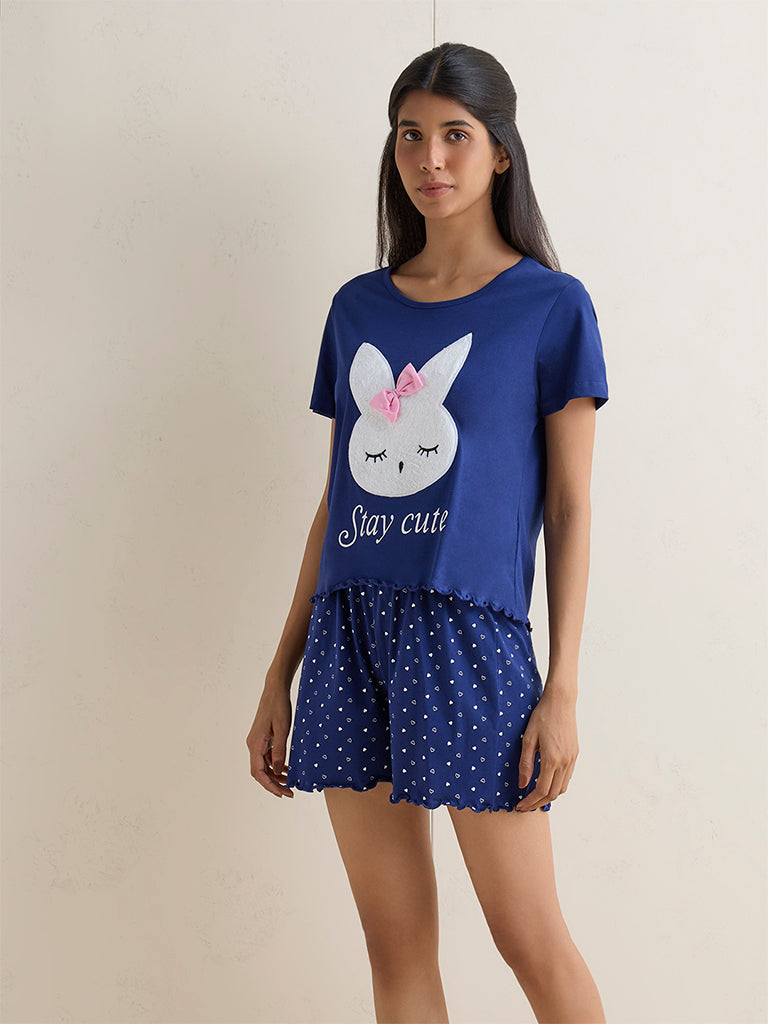 Wunderlove Navy Bunny Design Cotton T-Shirt and Shorts Set