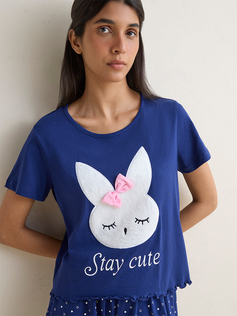 Wunderlove Navy Bunny Design Cotton T-Shirt and Shorts Set