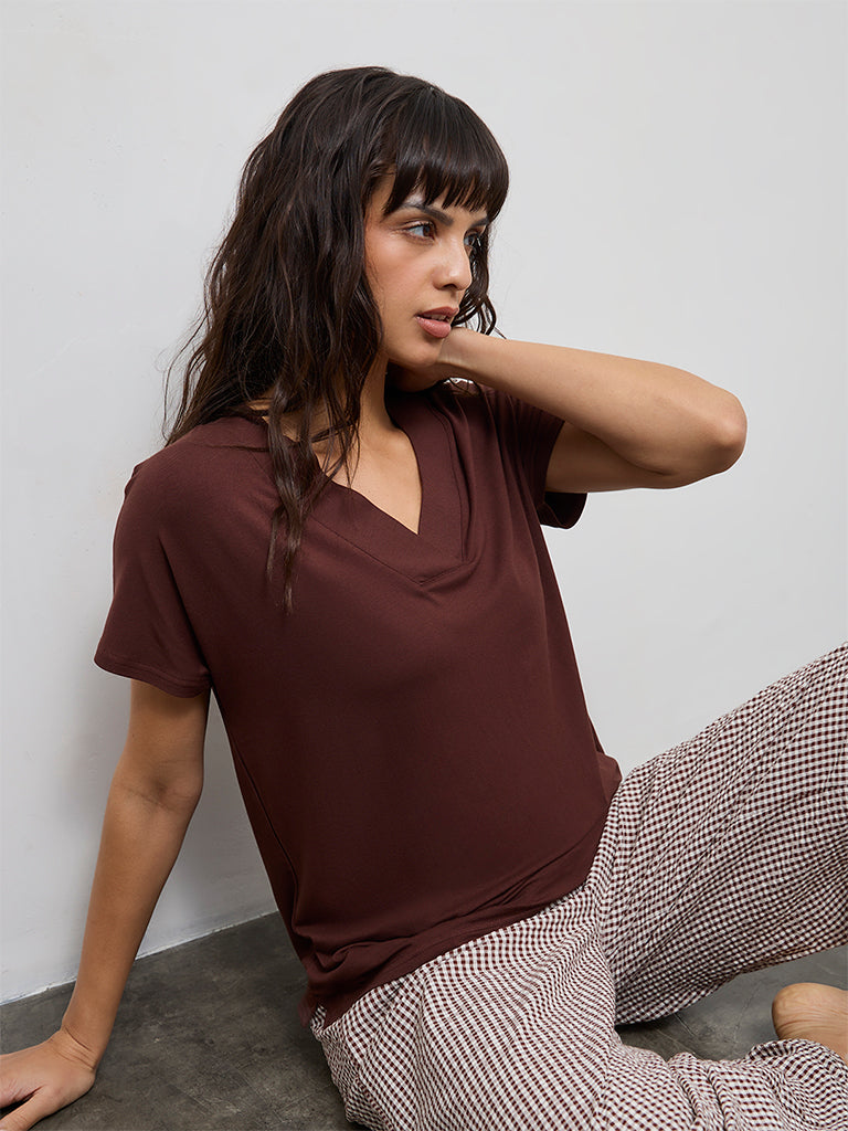 Wunderlove Dark Brown V-Neck Top