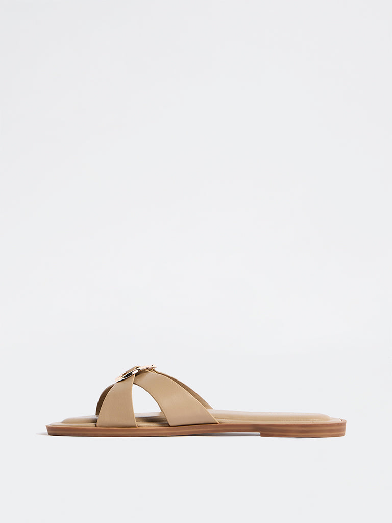 LUNA BLU Light Tan Criss-Cross Strap Slides