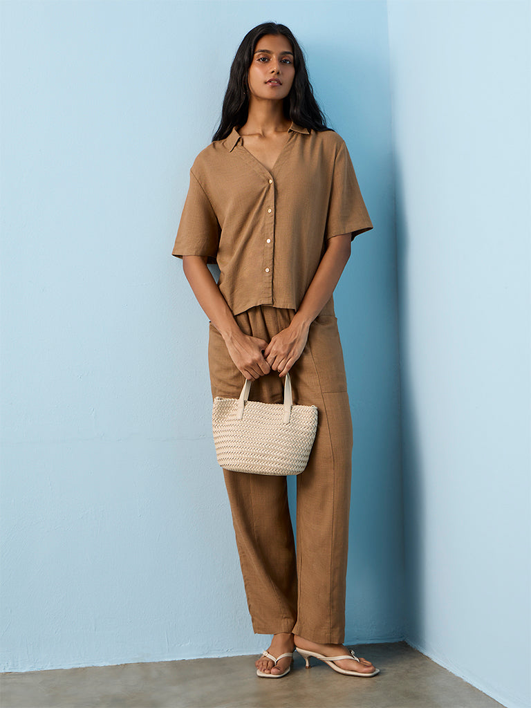 LOV Brown Solid Linen-Blend Shirt