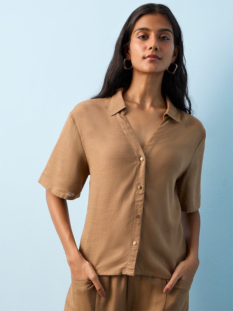 LOV Brown Solid Linen-Blend Shirt