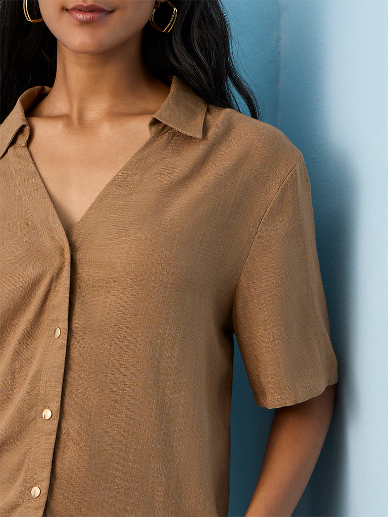 LOV Brown Solid Linen-Blend Shirt