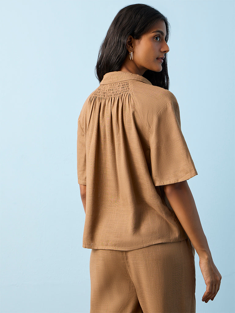 LOV Brown Solid Linen-Blend Shirt