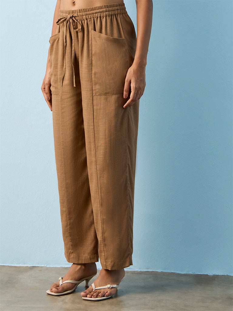 LOV Brown Solid High-Rise Linen-Blend Pants