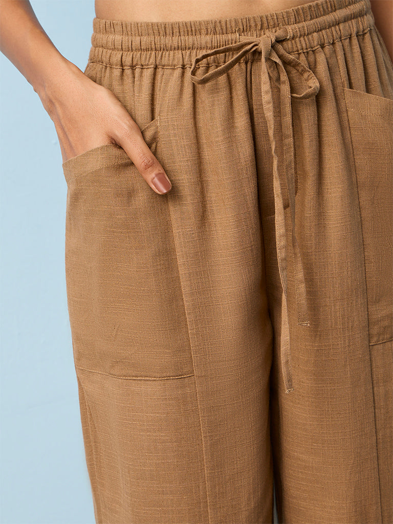 LOV Brown Solid High-Rise Linen-Blend Pants