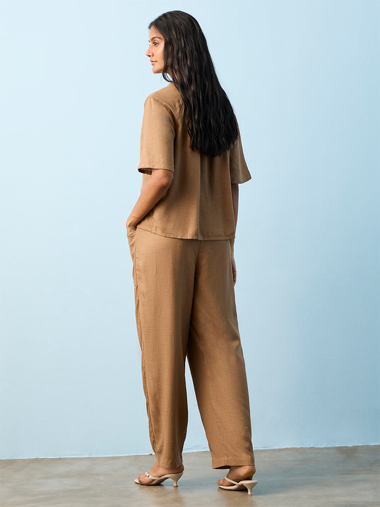 LOV Brown Solid High-Rise Linen-Blend Pants