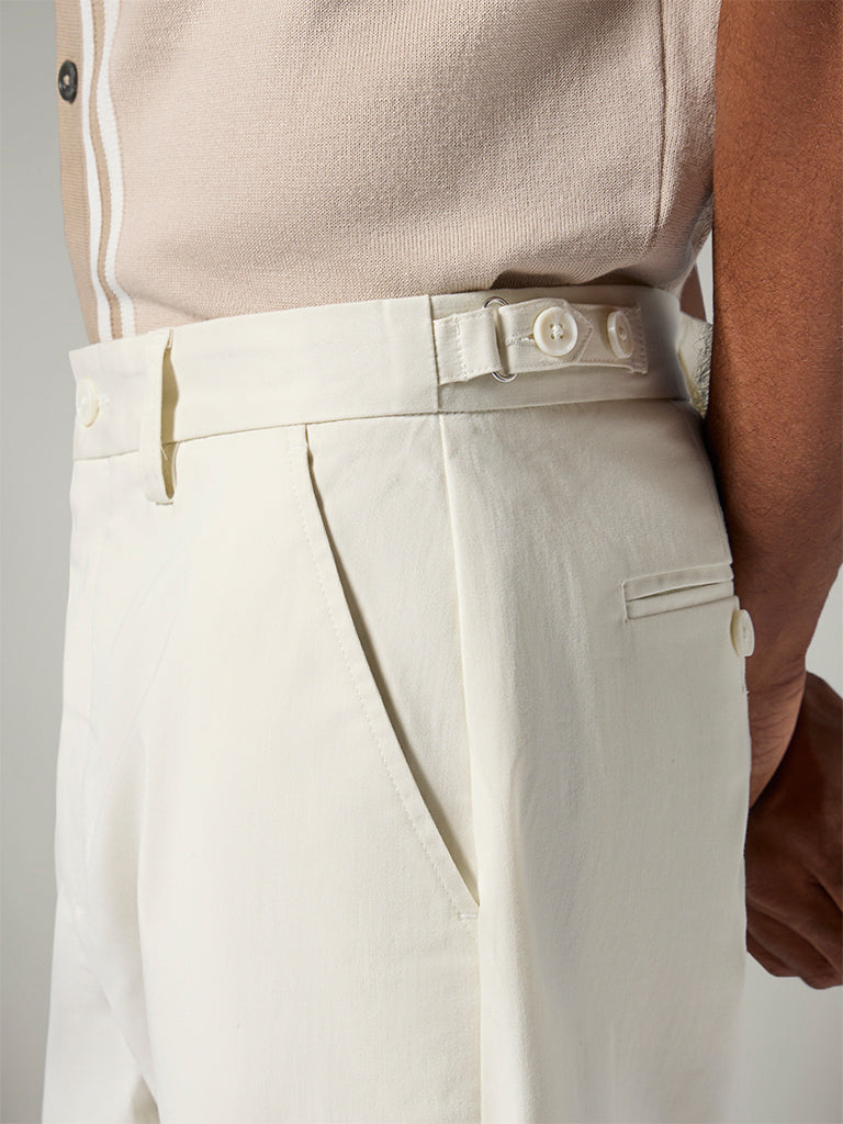 Ascot Off-White Relaxed-Fit Mid-Rise Cotton-Blend Trousers