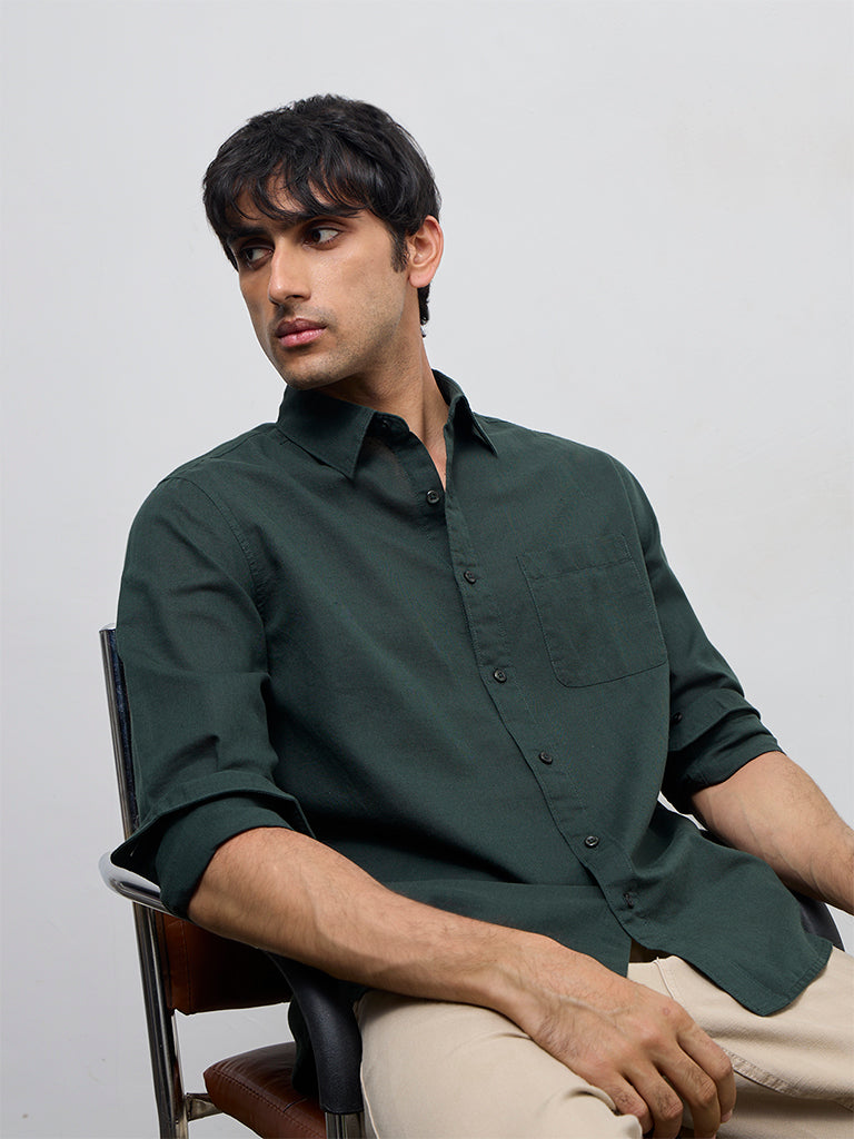 WES Casuals Dark Green Solid Relaxed-Fit Cotton-Blend Shirt