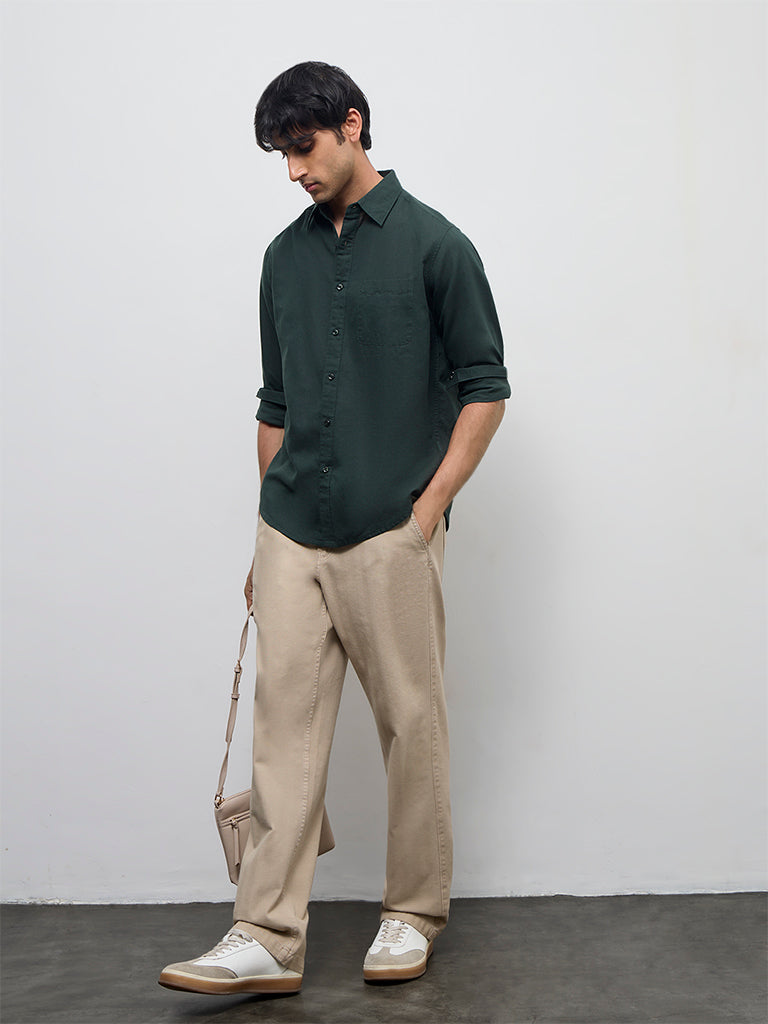 WES Casuals Dark Green Solid Relaxed-Fit Cotton-Blend Shirt