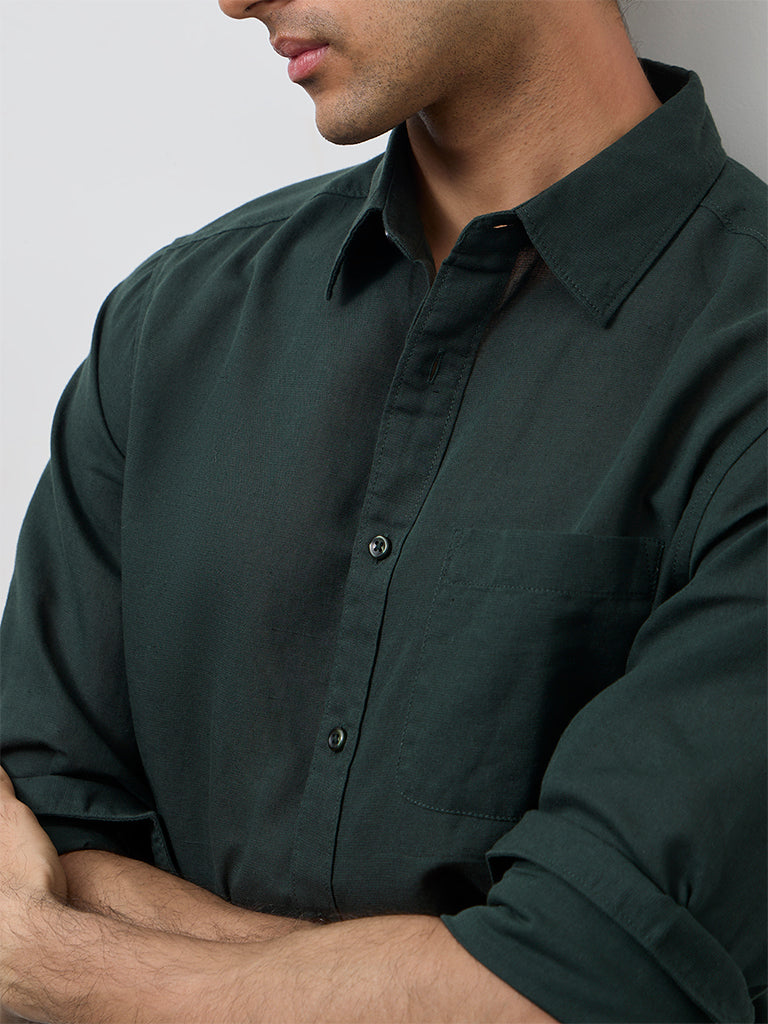 WES Casuals Dark Green Solid Relaxed-Fit Cotton-Blend Shirt