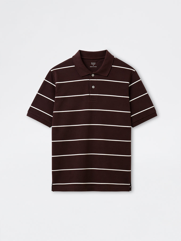 WES Casuals Dark Brown Striped Relaxed-Fit Cotton Polo T-Shirt
