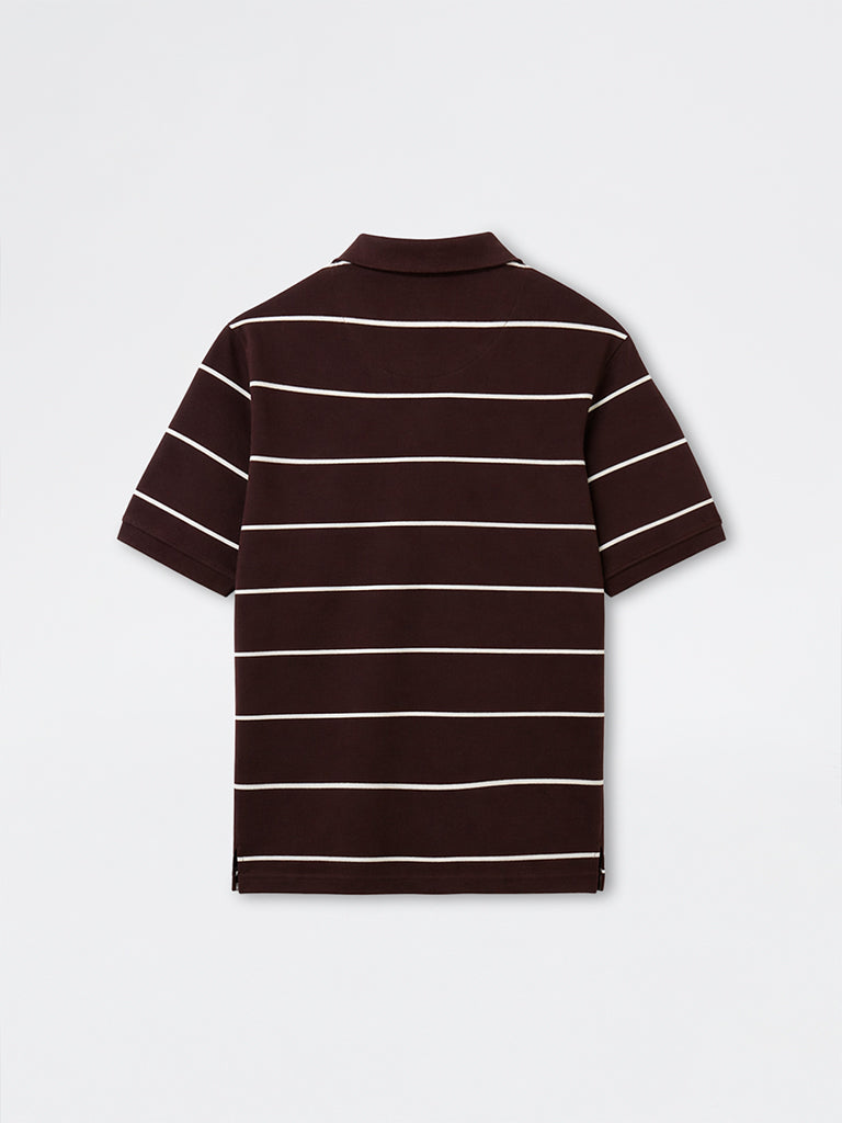 WES Casuals Dark Brown Striped Relaxed-Fit Cotton Polo T-Shirt