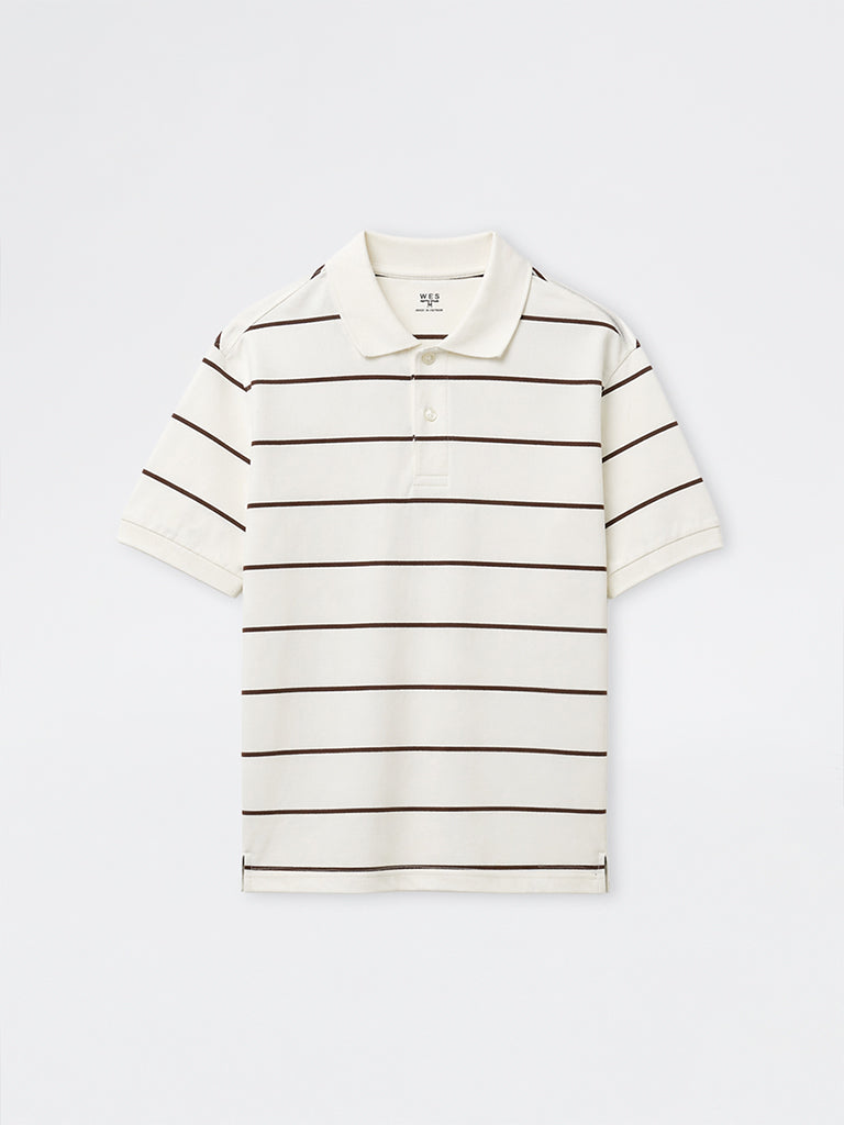 WES Casuals Off-White Striped Relaxed-Fit Cotton Polo T-Shirt